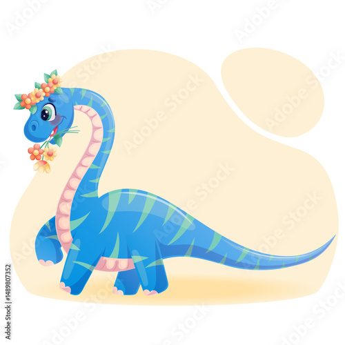 A cute dinosaur with flowers in its mouth and on its head. A charming prehistoric animal with a long neck. Isolated vector illustration for design, prints and patterns