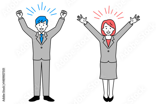 バンザイで喜ぶスーツの男女（全身）