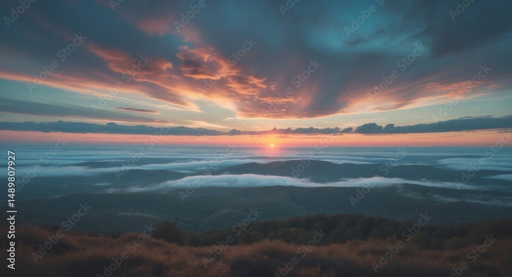 Fototapeta premium Golden Hour Mountain View. A Serene Landscape with Clouds, Forest, and Beautiful Sky.
