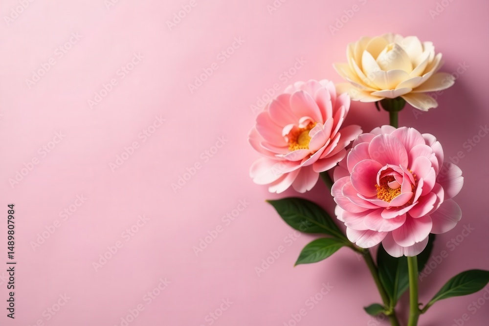Fototapeta premium Pastel ranunculus bouquet, pink background Top view floral composition , blossom, floral design, flower arrangement
