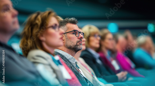 A focused group of people attentively listening during a business conference or seminar, highlighting engagement, education, and corporate learning. photo