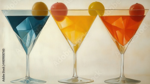 Colorful cocktails with fruit garnish vibrant still life image