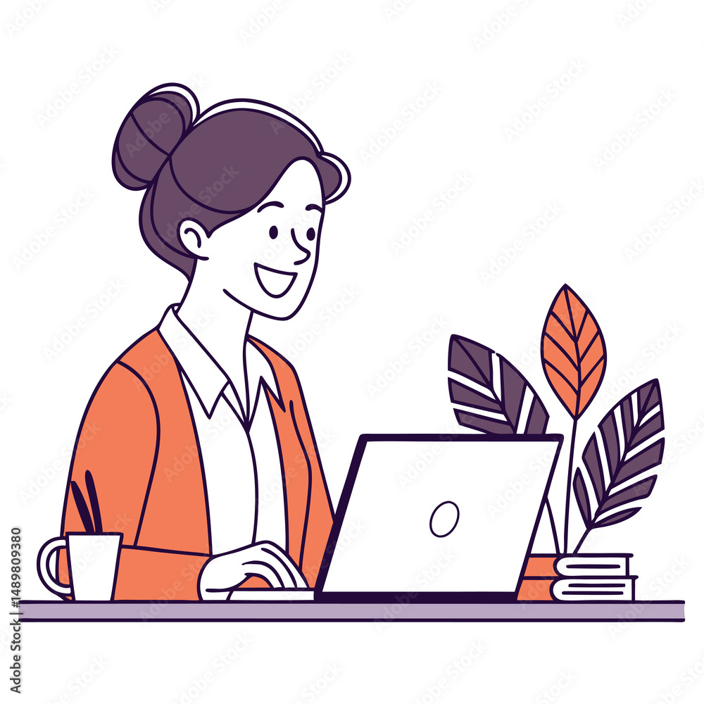 Fototapeta premium Happy female worker working using a laptop. Adobe Illustrator Artwork