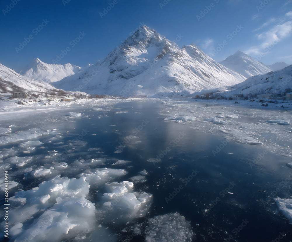 Obraz premium icy landscape with glaciers and icebergs under a clear blue arctic sky, vast and cold beauty