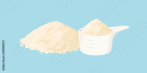 Protein powder and scoop isolated on white background. Vector cartoon flat illustration. Fitness supplement icon.