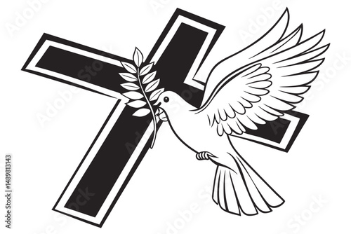 Dove with Olive Branch Flying in Front of Cross, Symbol of Peace and Resurrection, Isolated Black and White Vector.