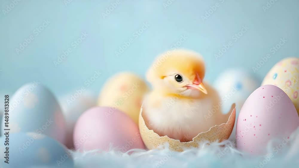 Fluffy yellow chick sitting inside a cracked eggshell with colorful pastel Easter eggs around on a soft light blue background.