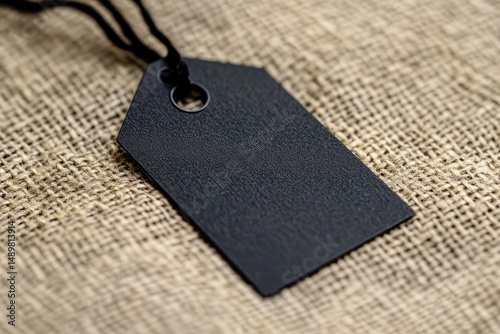 Blank black price tag on burlap