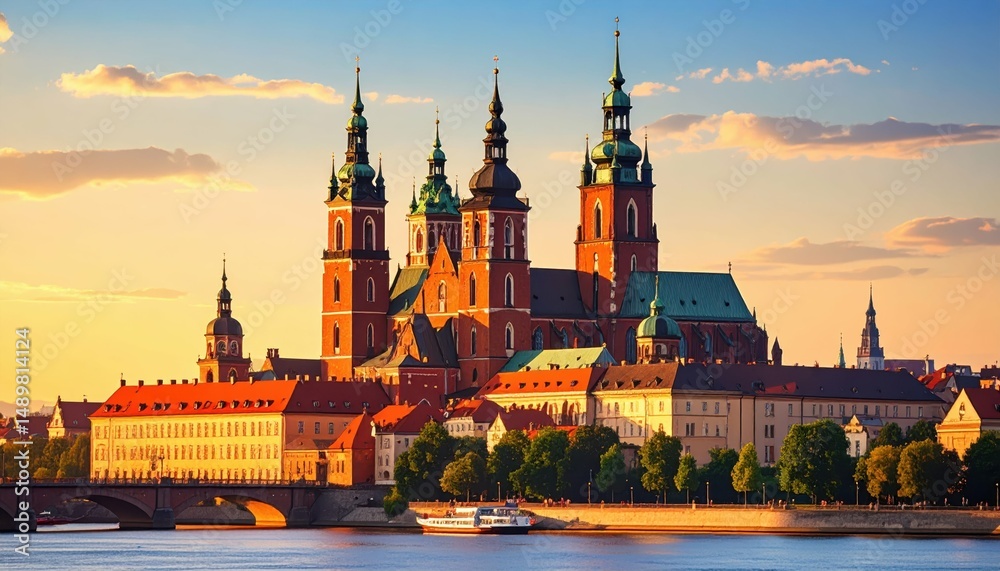 Naklejka premium Historical Cityscape Featuring Iconic Architectural Wonders at Sunset