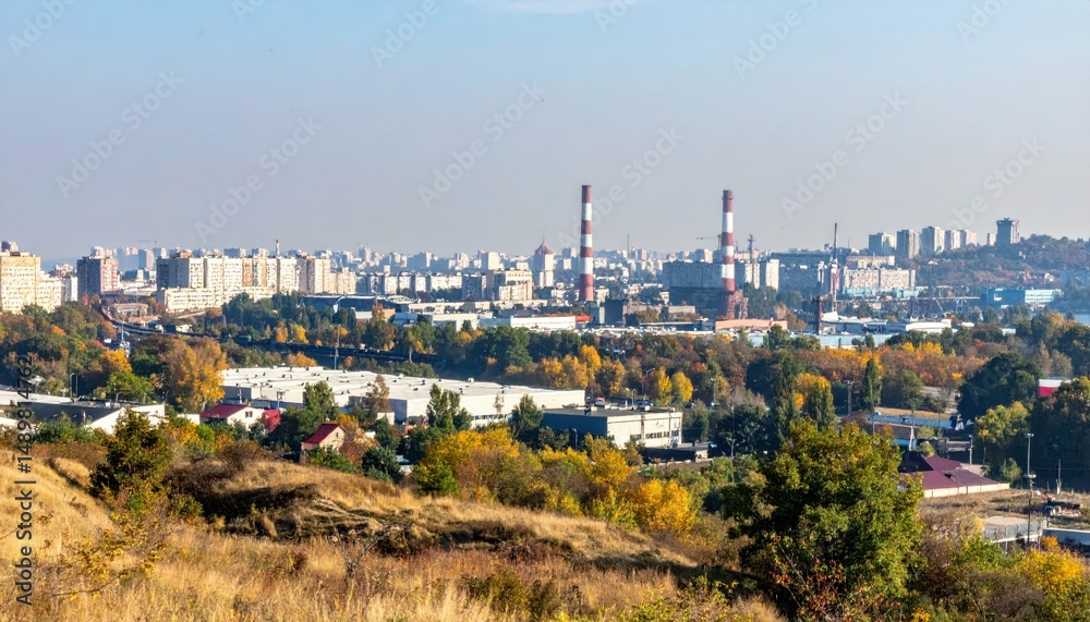Obraz premium Industrial Cityscape View with Focus on Urban Outskirts and Landscape