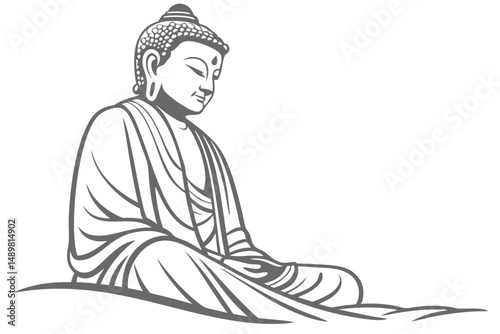 Serene Buddha Meditating in Contemplation, Simple Gray Illustration for Spiritual and Religious Design Projects.