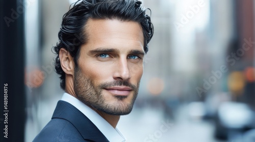 A well-dressed man stands confidently on a bustling city street. His stylish appearance includes a tailored suit, and his striking blue eyes draw attention