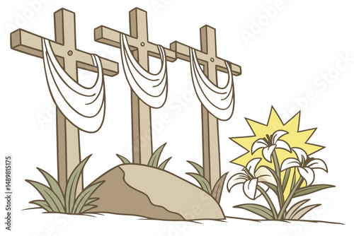 Vector Illustration of Three Crosses, Empty Tomb, and Lilies Symbolizing Easter and Resurrection