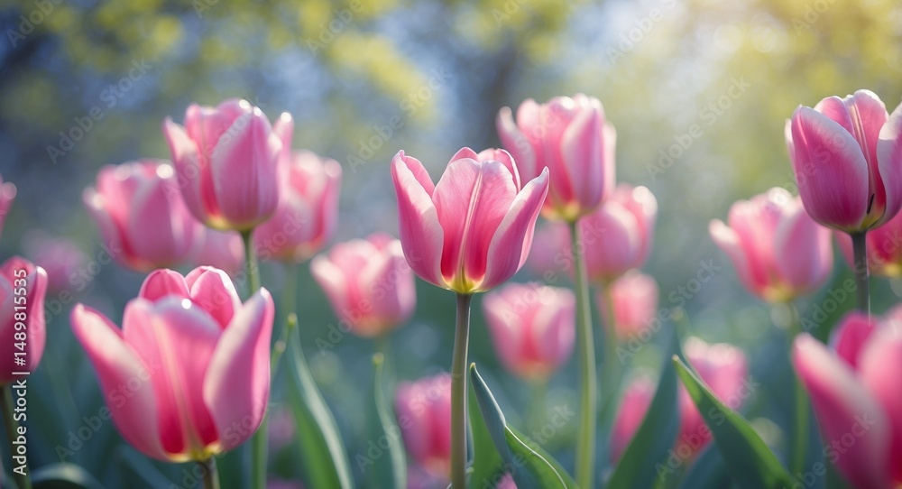 Obraz premium Vibrant Field of Pink Tulips in Spring Sunshine, a Delicate Botanical Scene.