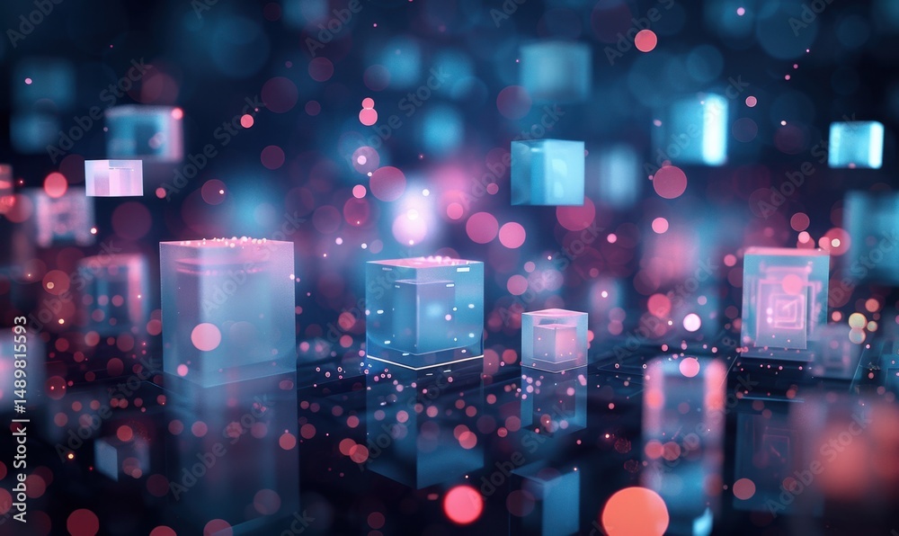Obraz premium Glowing data cubes in digital space; technology concept