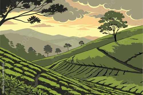 83 lush green rolling hills, vibrant green tea plantations, dramatic cloudy sunset sky, sun setting over distant mountains, idyllic rural landscape, atmospheric lighting, digital art, photorealistic, 