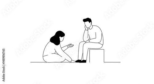 Two people discussing, a woman offering support to a pensive man. Minimalist line art for communication, therapy, or problem-solving.