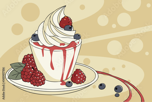 84 dreamy whipped cream parfait, fresh mixed berries, raspberry coulis drizzle, golden bokeh background, fine art photography, studio lighting