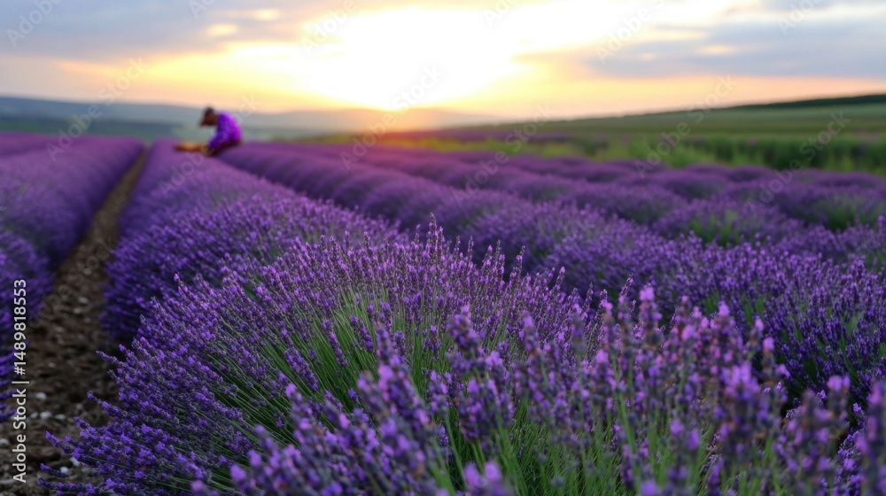 Naklejka premium Rows of vibrant lavender stretch across the fields under a colorful sunset sky. A farmer can be seen carefully harvesting the fragrant flowers, creating a serene atmosphere