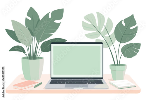 A clean and stylish home office setup featuring a laptop and tropical plants, perfect for modern workspace inspiration.
