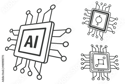 AI Microchip Technology: Outlined Style Vector Illustration for Artificial Intelligence and Machine Learning Concepts.