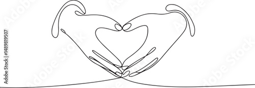 Continuous one line drawing of two hands forming a heart shape, minimalist love and unity symbol in black and white art

