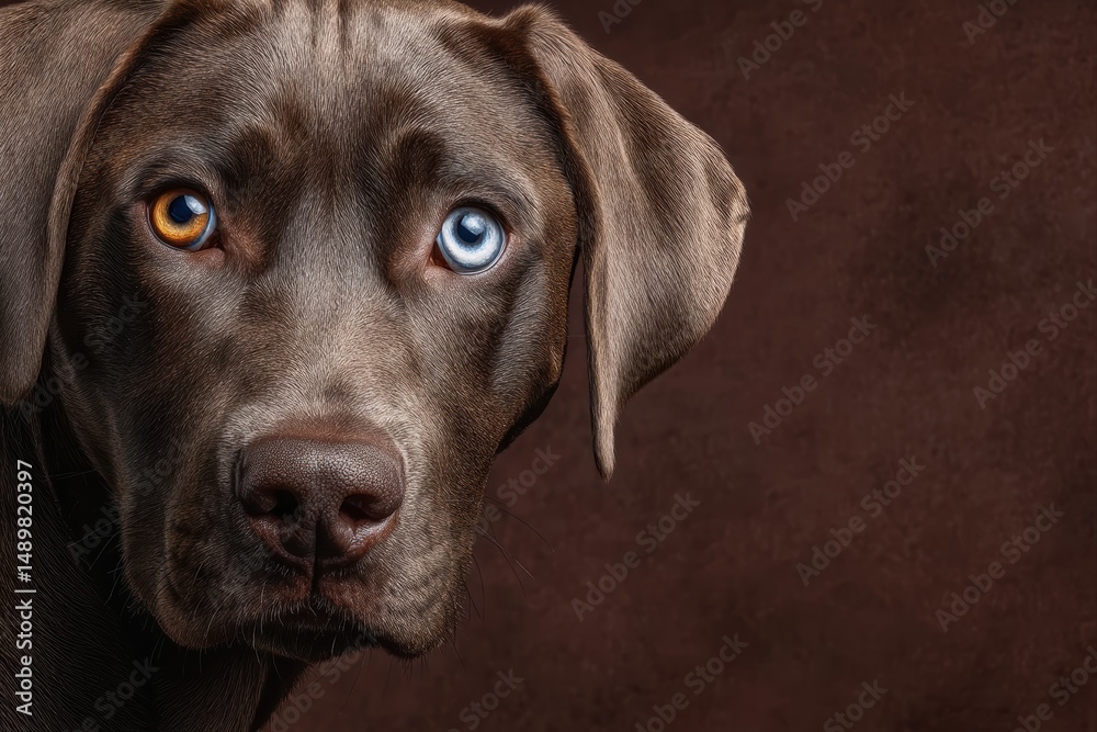 Fototapeta premium Stunning closeup of a chocolate labrador mix with heterochromatic eyes