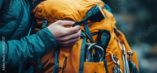 Hiker inspects headlamp next to full backpack