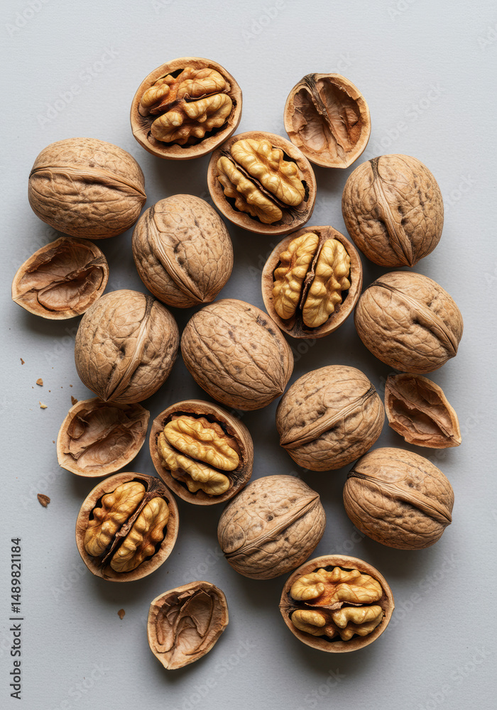 An assortment of walnuts, some whole and some shelled, presented on a grey surface. An assortment of walnuts, some whole and some shelled, presented on a grey surface.