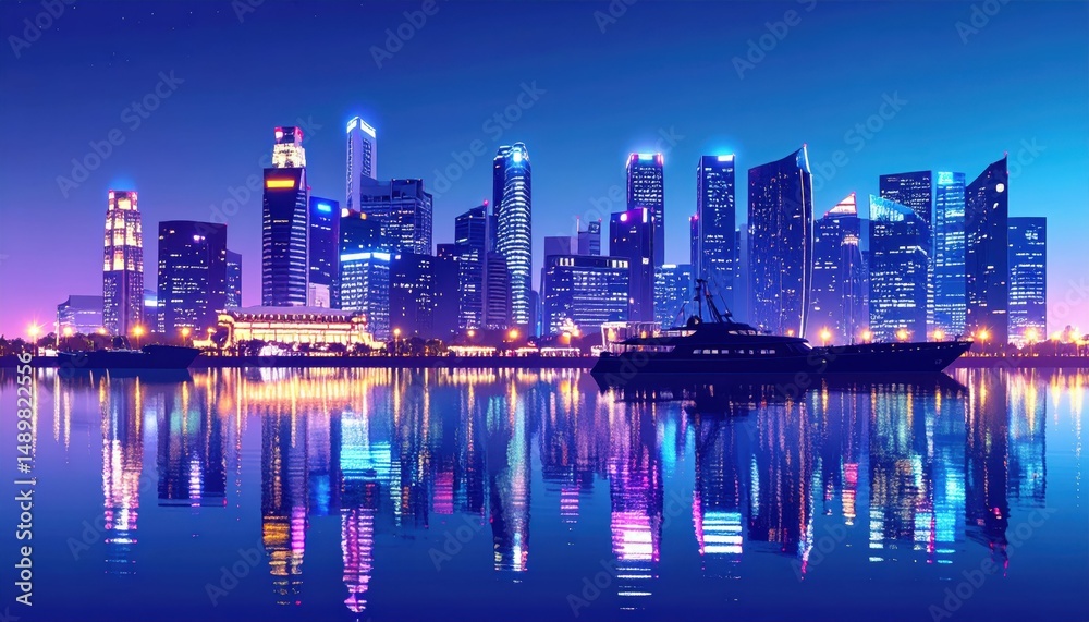 Fototapeta premium Vibrant Cityscape with Water Reflections in Harbor at Night
