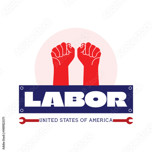 Two red fists on patriotic Labor Day badge