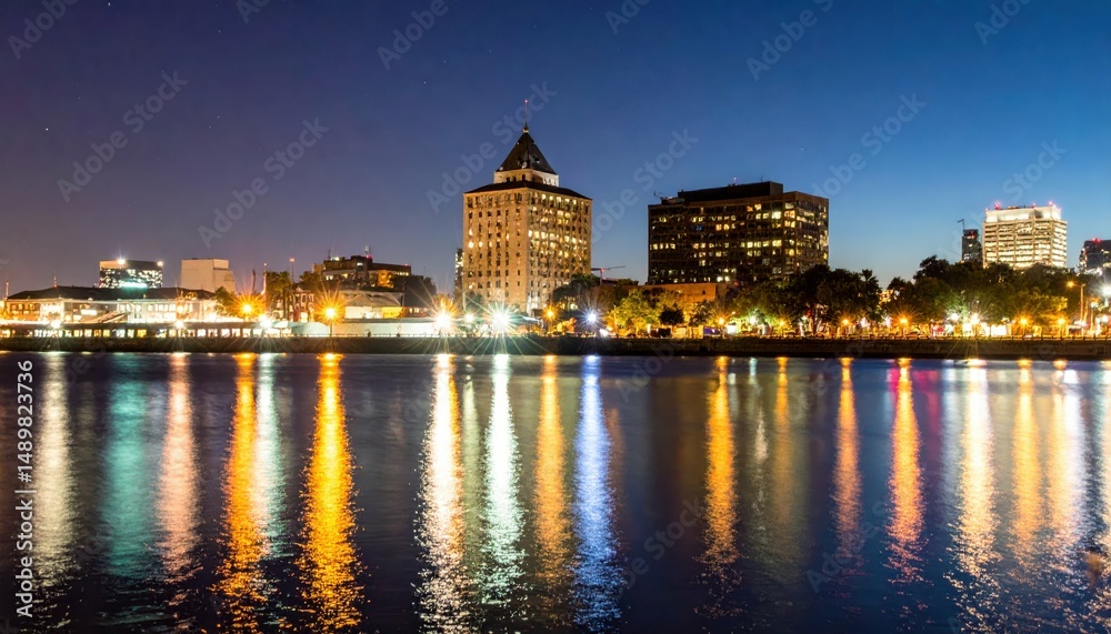 Fototapeta premium Cityscape at Night with Reflections of Colorful Lights in Water