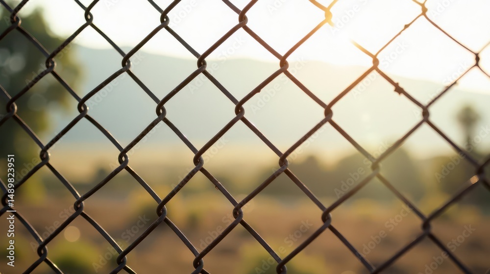 Fototapeta premium Golden hour light filters through a chain link fence, creating a hazy, idyllic background scene.