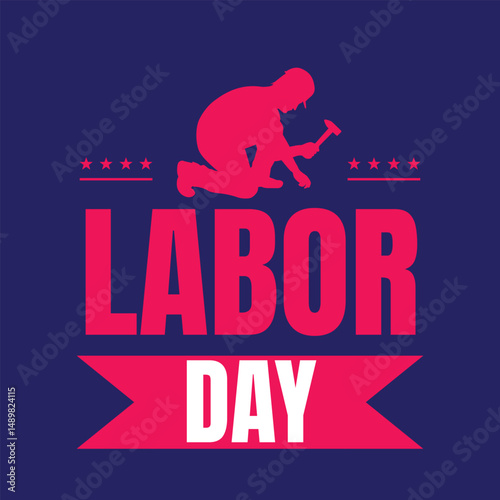 Silhouette worker kneeling Labor Day red banner