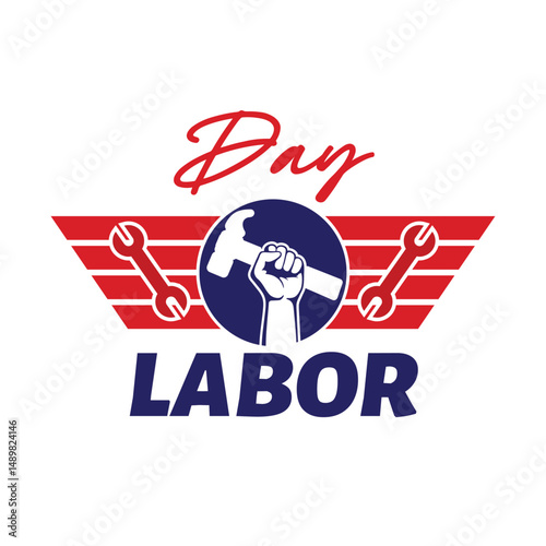 Winged fist holding wrench Labor Day graphic