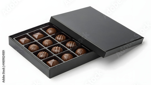 Elegant black flat chocolate box mockup with assorted luxury truffles in minimalist packaging on white background, top view presentation