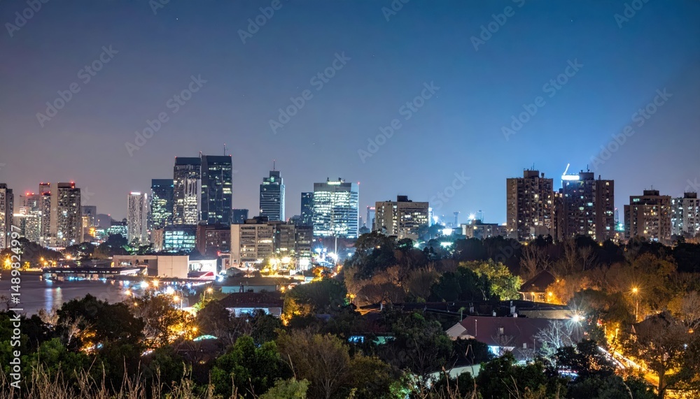 Obraz premium Cityscape Illuminated by Harsh Light of Searchlight Over Buildings