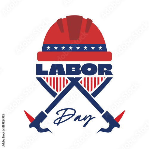 Labor Day crossed tools with patriotic helmet badge