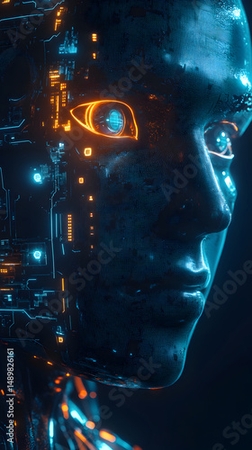 48. cybernetic humanoid robot face, half human half machine, glowing circuits, sci-fi background