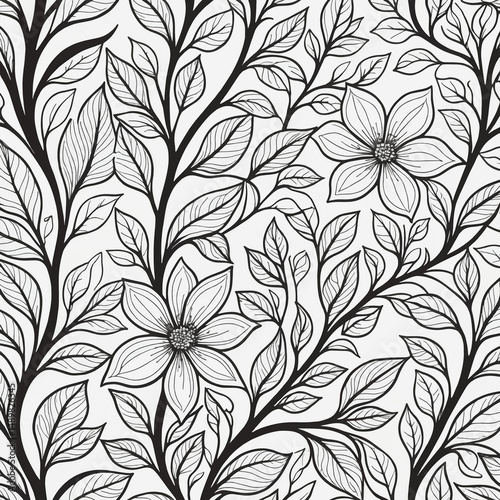 Wallpaper Mural Floral Embrace: A delicate pattern of intertwining flowers and leaves creates a sense of natural beauty and elegance in an artistic monochrome design.  Torontodigital.ca