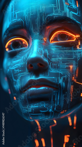 50. cybernetic humanoid robot face, half human half machine, glowing circuits, sci-fi background