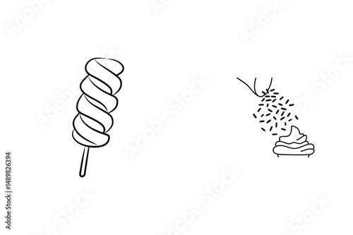 Simple black and white line art illustration of a marshmallow and dessert toppings
