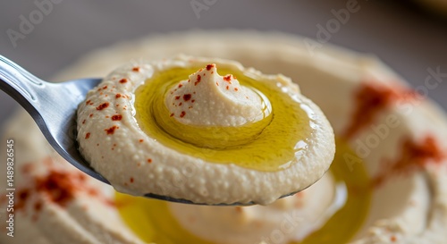 Spoonful of Creamy Hummus with Olive Oil Drizzle