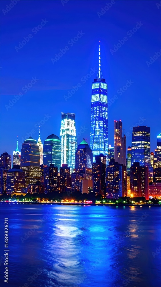 Obraz premium New York City Skyline at Night with Iconic Skyscrapers and Lights