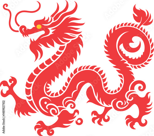 A ed dragon vector illustration, Traditional Red Chinese Dragon Silhouette with Zodiac Symbol