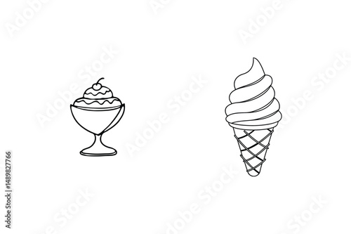 Black and white line art illustration of two ice cream treats on white background