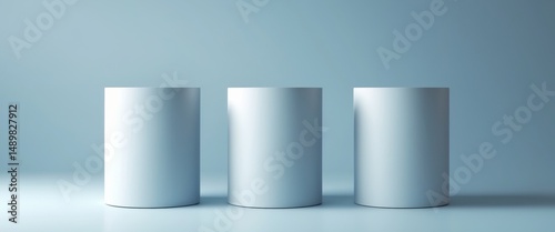 Three white cylindrical podiums on a light blue background, a minimalistic presentation.