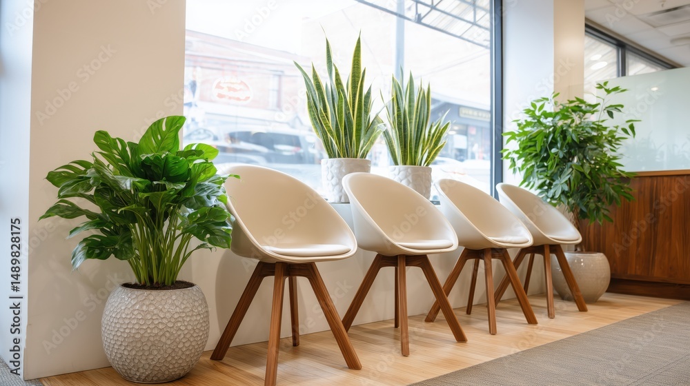 Obraz premium Modern insurance waiting room with white chairs and green plants near large window offering welcoming atmosphere for client consultation and policy discussions