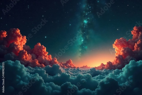 Celestial Sunset Over a Sea of Clouds, Illuminated by a Starry Night Sky and a Vibrant Galaxy