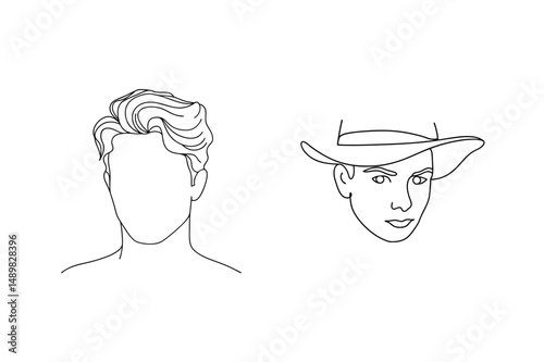 Minimalist line art portraits depicting two male faces with stylish hairstyles
